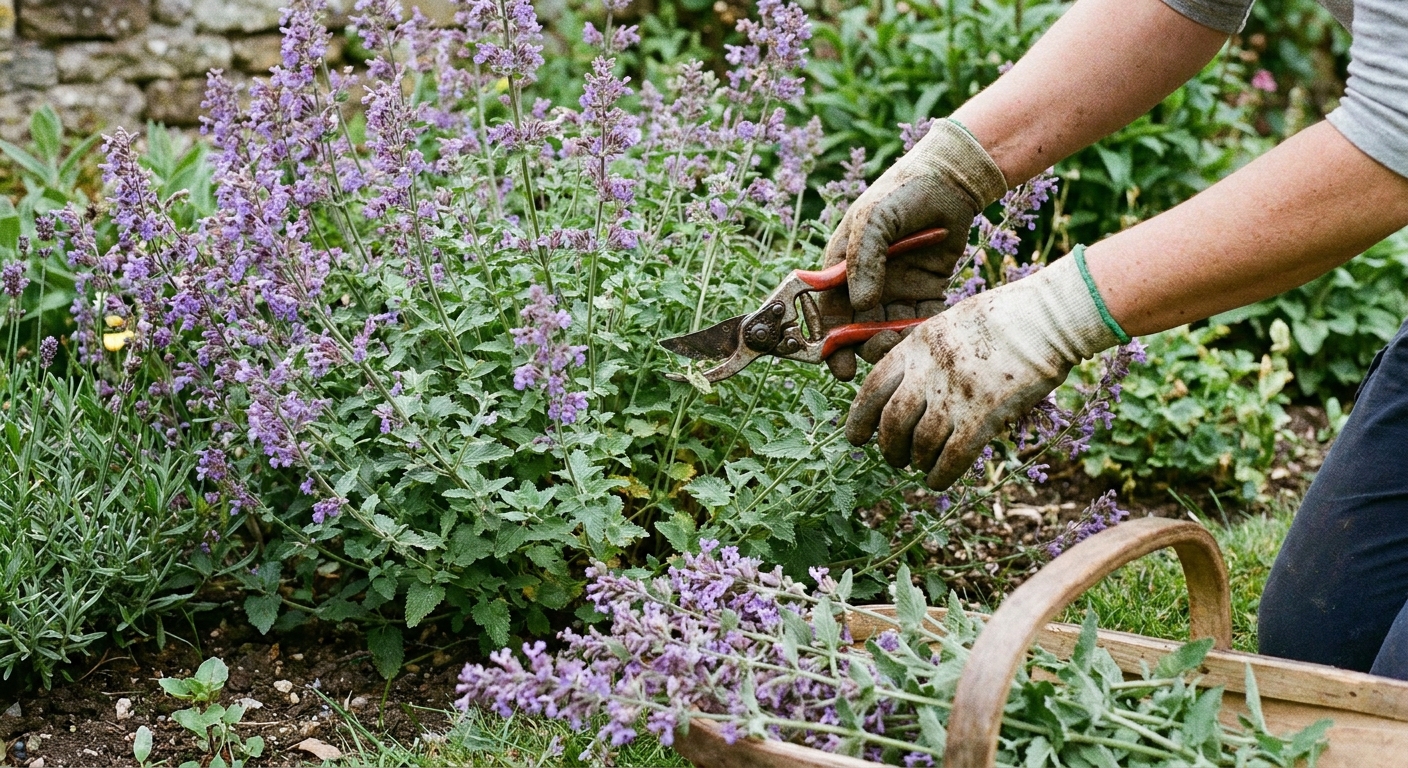 A real photograph of a gardener’s hands using pruning shears to cut back a blooming catmint (Nepeta) plant in a garden bed, fresh cut stems visible