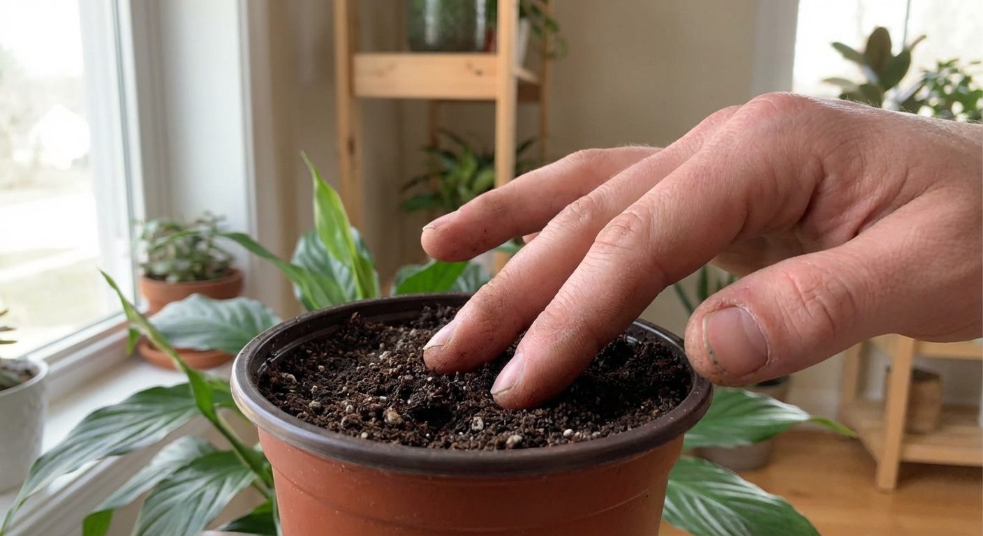 A real photograph of a hand gently pressing two fingers into the soil of a peace lily in a nursery pot, indoor setting with natural light, close-up focus on soil texture and fingertips