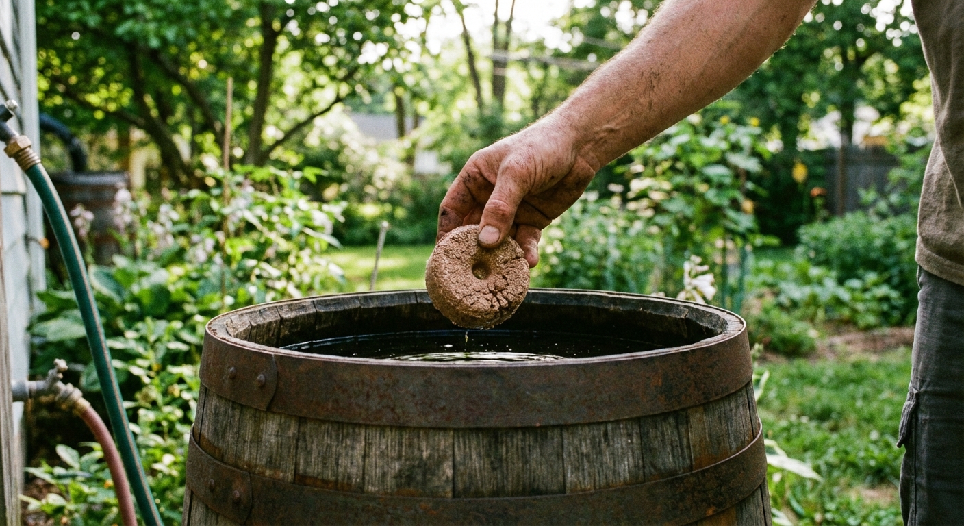 A real photograph of a hand holding a mosquito dunk over a rain barrel opening in a backyard, soft natural light
