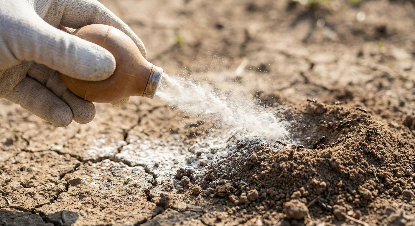 A real photograph of a hand holding a small garden duster applying a light dusting of food-grade diatomaceous earth on dry soil near an ant mound, close-up detail
