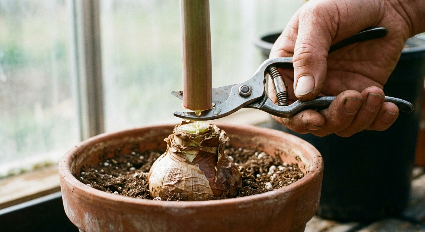 A real photograph of a hand using clean pruning shears to cut an amaryllis flower stalk just above the bulb in a pot, close-up
