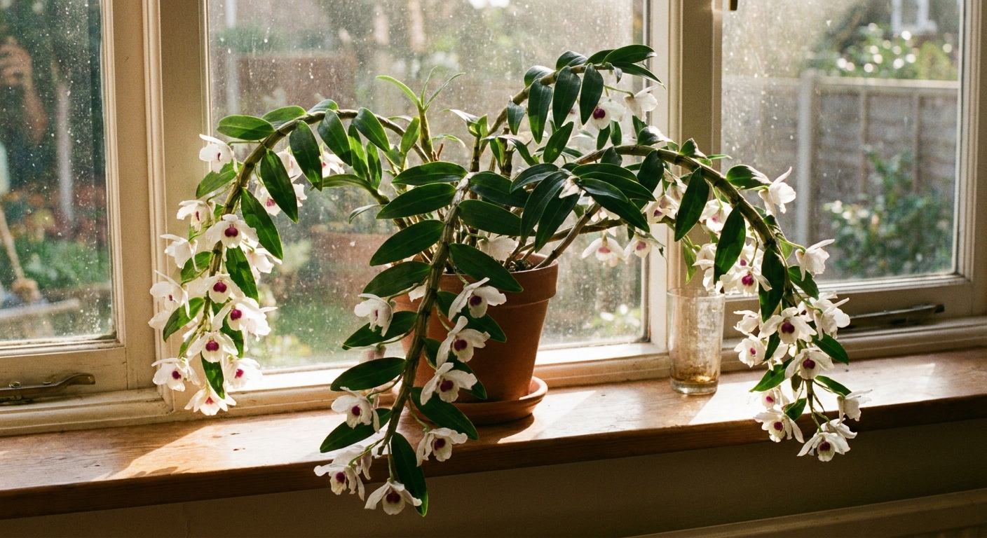 A real photograph of a healthy Dendrobium orchid in bloom on a bright windowsill, with arching canes, green leaves, and white flowers in natural morning light