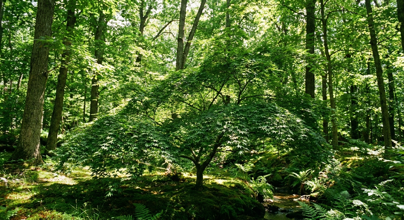 A real photograph of a healthy Japanese maple growing in dappled shade under taller trees with lush green leaves in mid-summer