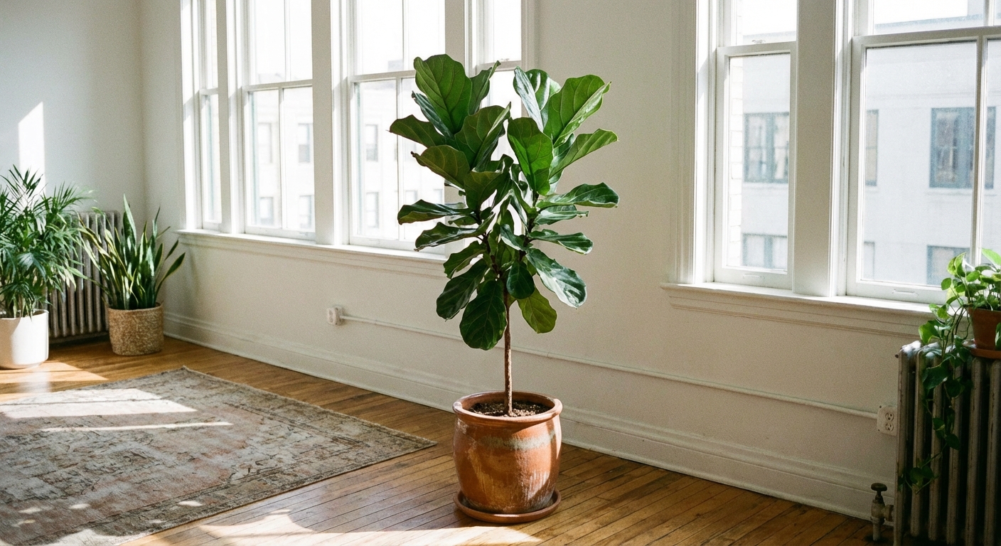 A real photograph of a healthy fiddle leaf fig with glossy upright leaves in a ceramic pot in a bright indoor room, natural light, clean background