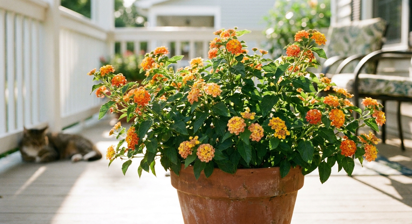A real photograph of a healthy lantana plant with orange and yellow flower clusters growing in a terracotta container on a sunny porch, with bright summer light and soft background blur