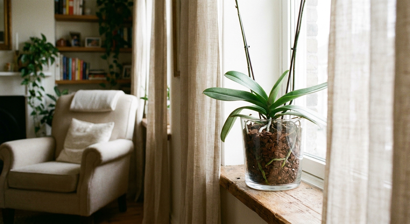 A real photograph of a healthy-looking orchid in a clear pot placed near a living room window with sheer curtains, bright indirect daylight filling the room