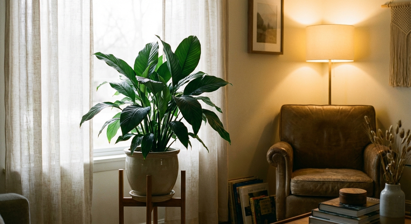 A real photograph of a healthy peace lily with upright glossy green leaves placed a few feet from a bright window with a sheer curtain, soft indoor lighting, calm home setting