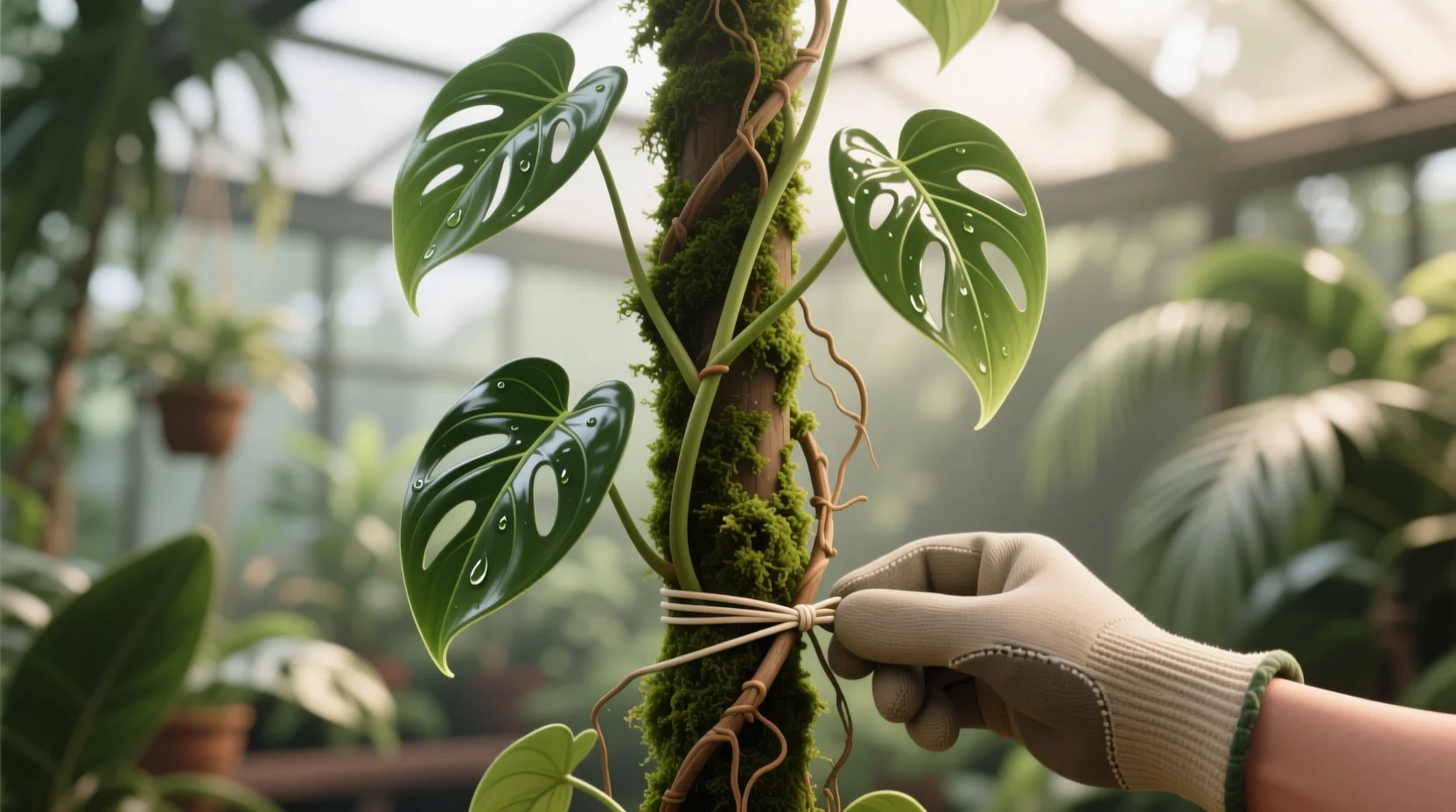 A real photograph of a heartleaf philodendron vine secured to a moss pole with soft green Velcro plant tape in a white ceramic pot