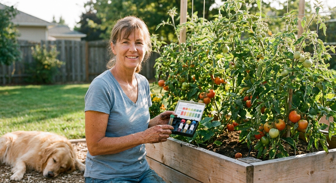 A real photograph of a home gardener holding a soil test kit next to a vegetable bed with tomato plants in a sunny backyard