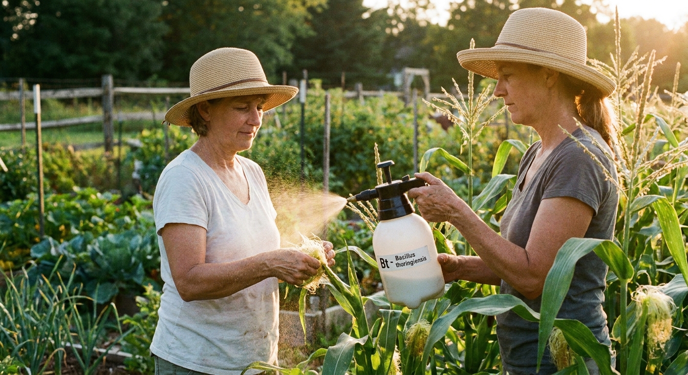A real photograph of a home gardener using a handheld sprayer to apply Bt to corn silks in the evening light