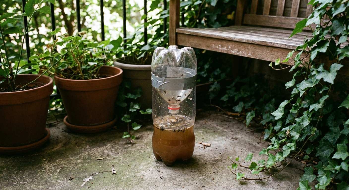 A real photograph of a homemade mosquito trap made from a cut plastic bottle on a shaded patio corner, natural light and realistic detail