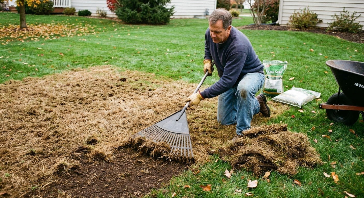 A real photograph of a homeowner raking out dead turf from a brown patch, exposing soil and preparing the area for reseeding
