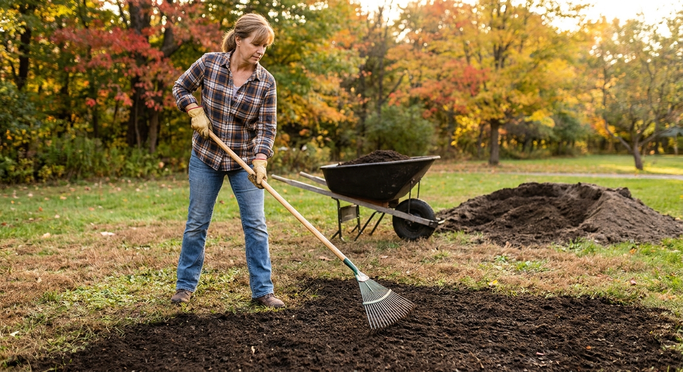 A real photograph of a homeowner spreading a thin layer of compost topdressing across a lawn in early fall with a rake