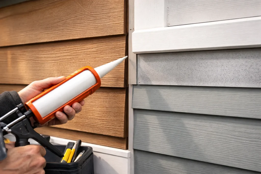 A real photograph of a homeowner using a caulk gun to seal a narrow gap along exterior siding near a foundation, sunny daytime
