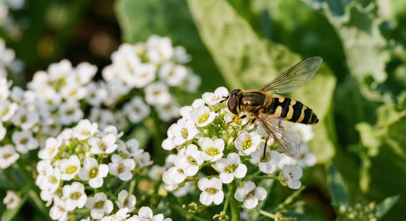 A real photograph of a hoverfly resting on tiny white sweet alyssum flowers along the edge of a leafy vegetable bed