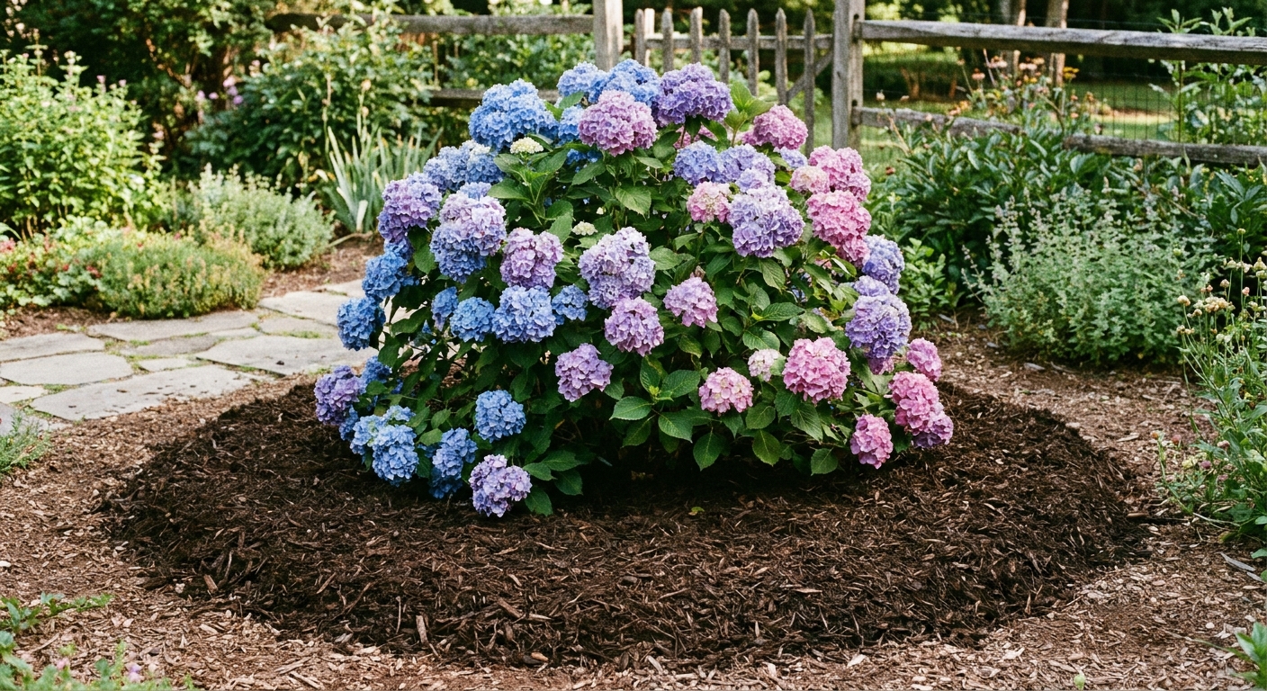 A real photograph of a hydrangea shrub in a garden bed with a fresh ring of organic mulch spread evenly around the base