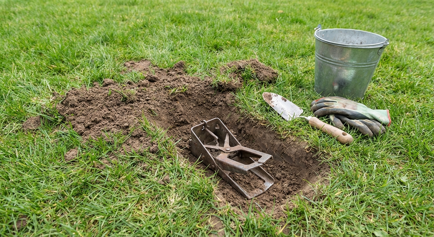 A real photograph of a mole trap set in a shallow tunnel in a lawn with a small patch of soil opened up, gardening tools nearby, natural outdoor lighting