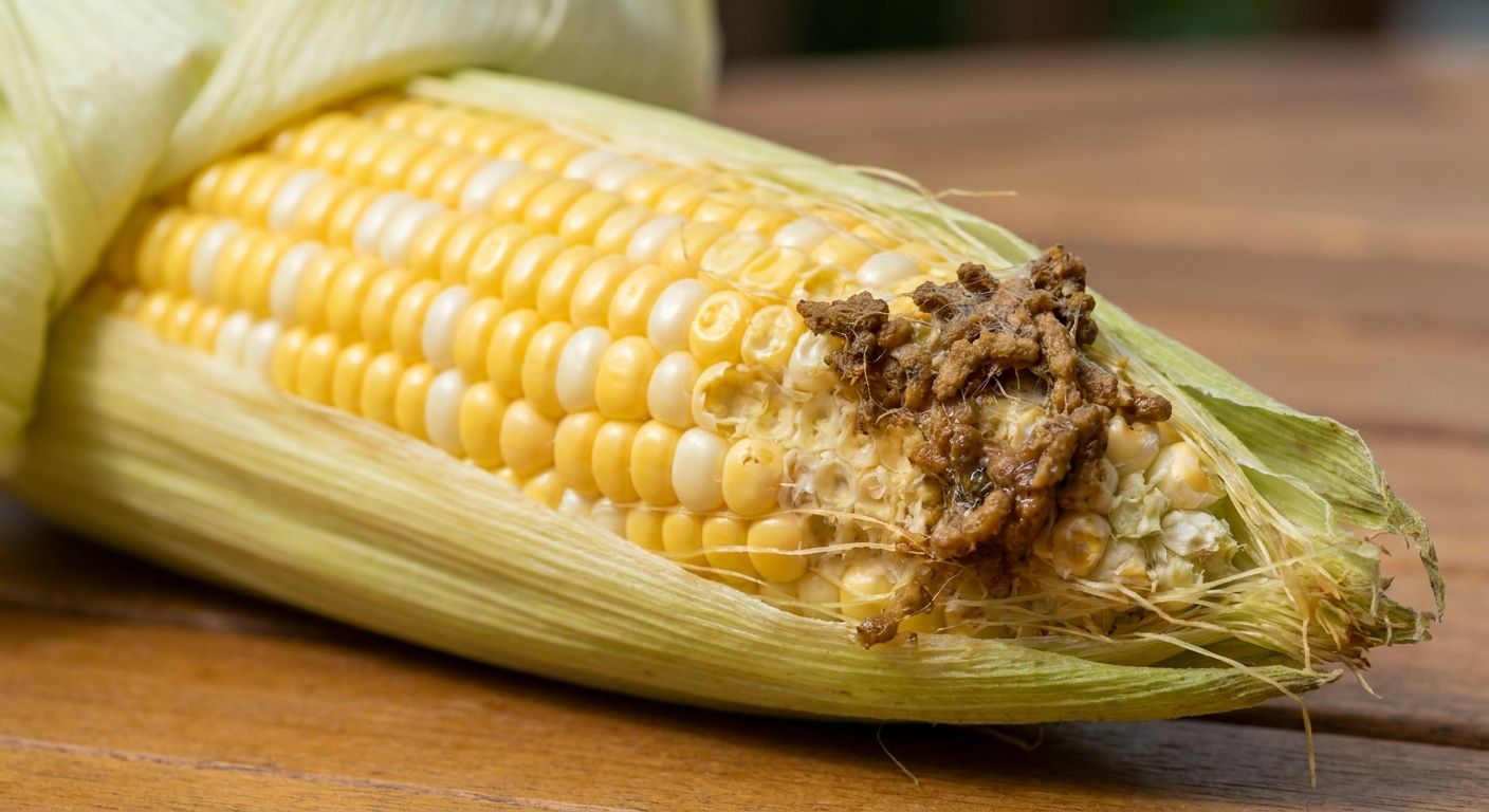 A real photograph of a partially husked ear of sweet corn showing chewed kernels and brown frass concentrated at the tip