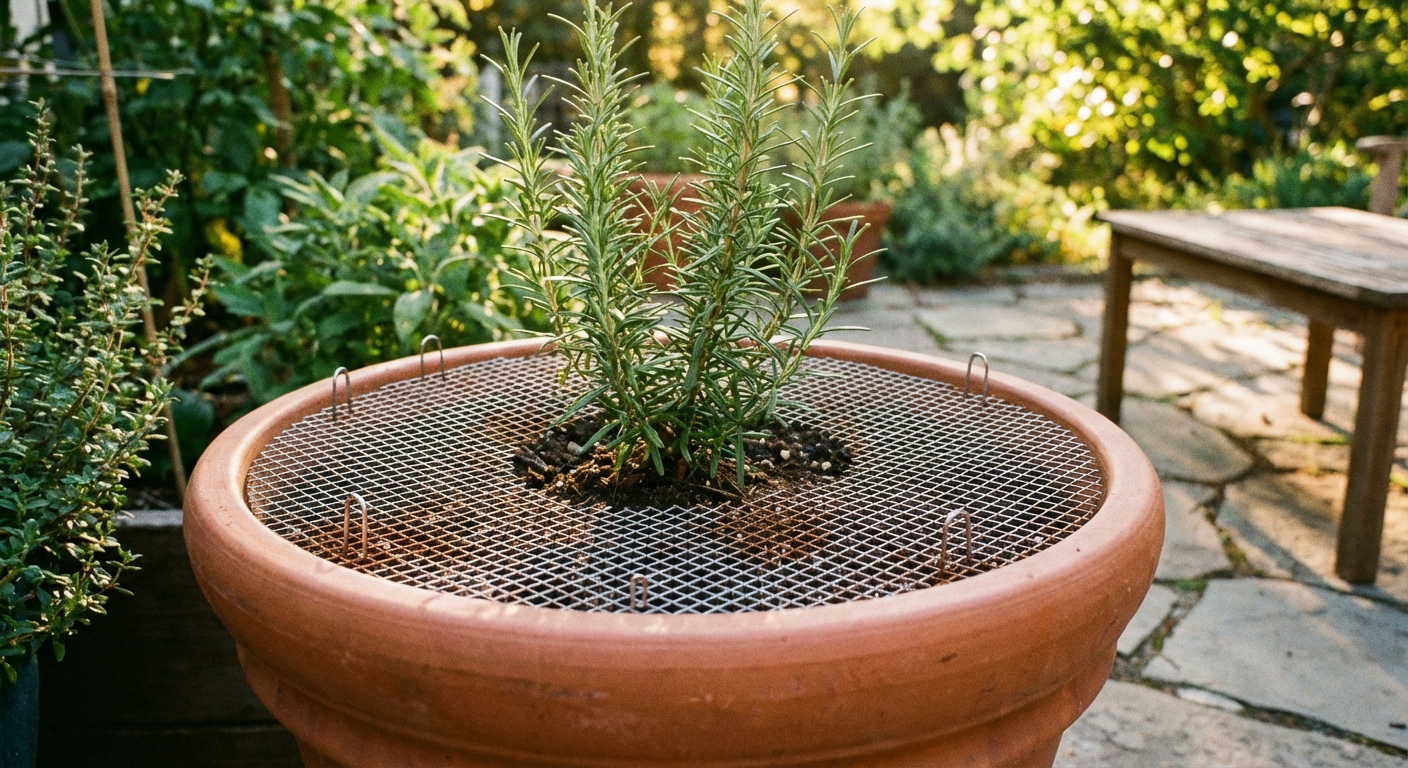 A real photograph of a patio container with a young herb plant growing, the soil surface covered neatly with a circle of hardware cloth secured around the stem, afternoon natural light