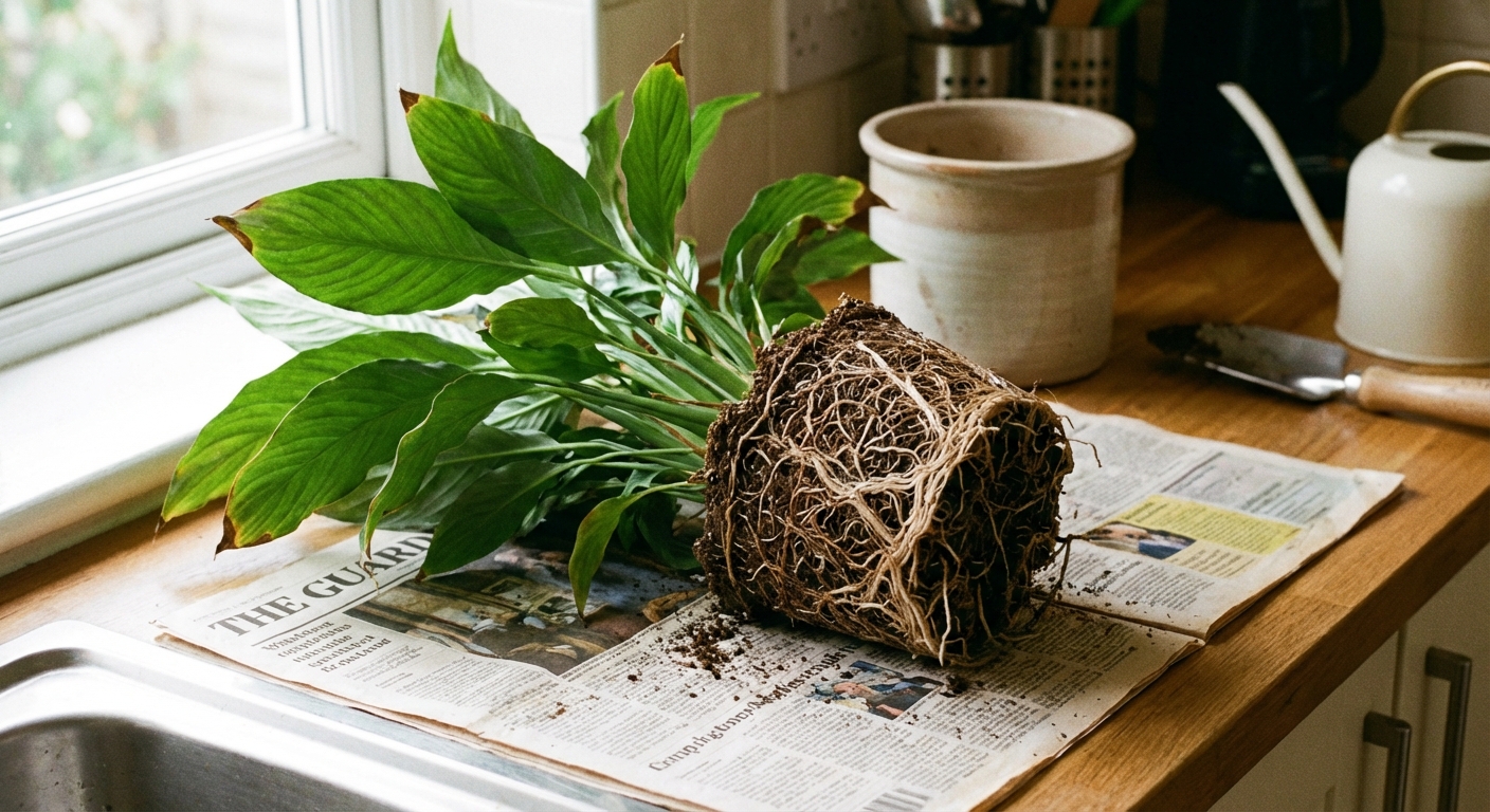 A real photograph of a peace lily removed from its pot showing the root ball with visible roots around the outside, placed on a newspaper on a kitchen counter, natural window light