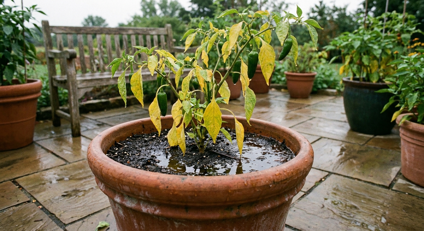 A real photograph of a pepper plant in a container on a patio with visibly wet, dark potting soil and several yellow drooping leaves