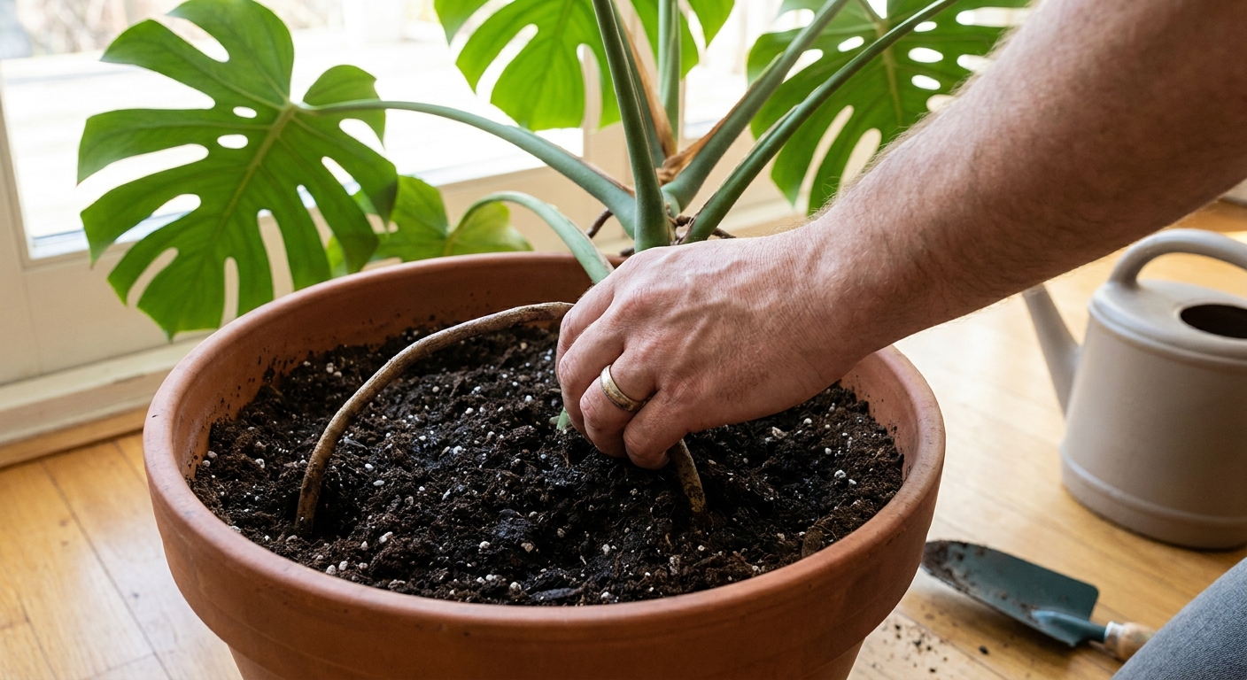 A real photograph of a person gently guiding a Monstera aerial root down into the potting soil near the base of the plant