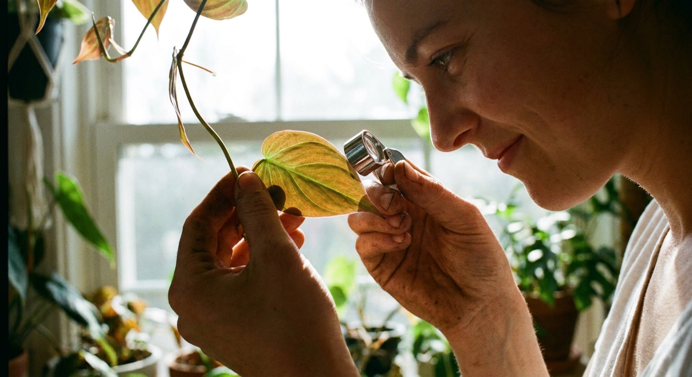 A real photograph of a person gently holding a Philodendron micans leaf and inspecting the underside near a window for pests