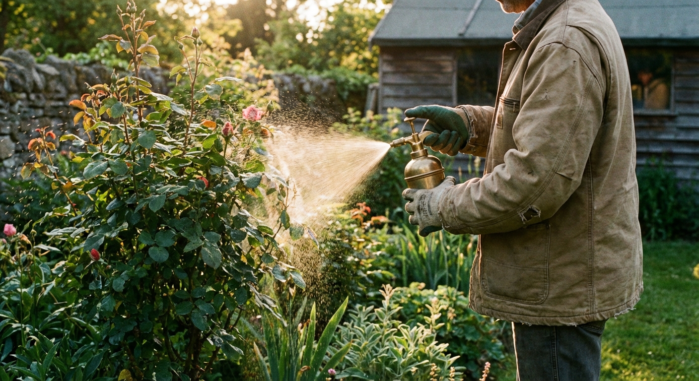 A real photograph of a person spraying a garden plant with a handheld pump sprayer in soft evening light