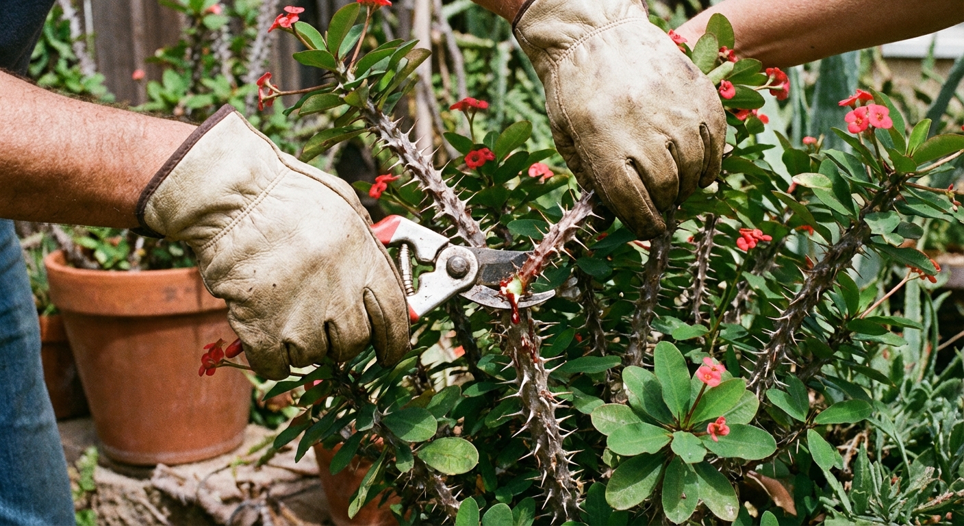 A real photograph of a person wearing thick gardening gloves using pruning shears to trim a Crown of Thorns stem, with thorny branches and small blooms visible