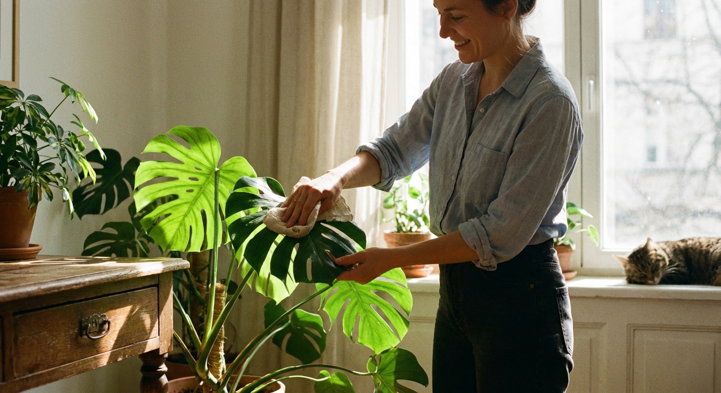 A real photograph of a person wiping broad houseplant leaves with a soft damp cloth near a sunny window
