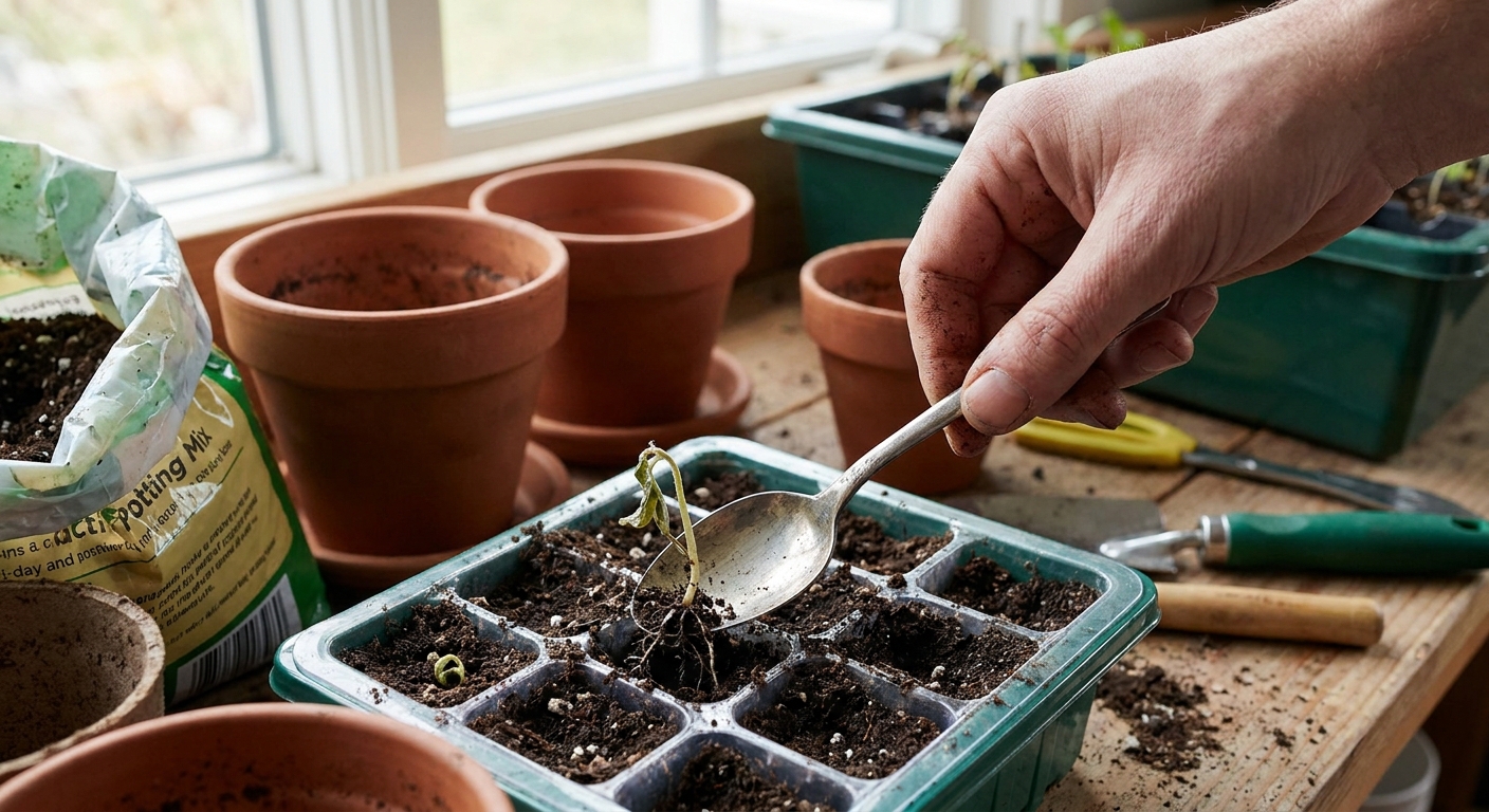 A real photograph of a person’s hand gently lifting a collapsed seedling out of a seed-starting tray using a small spoon, indoor potting bench setting