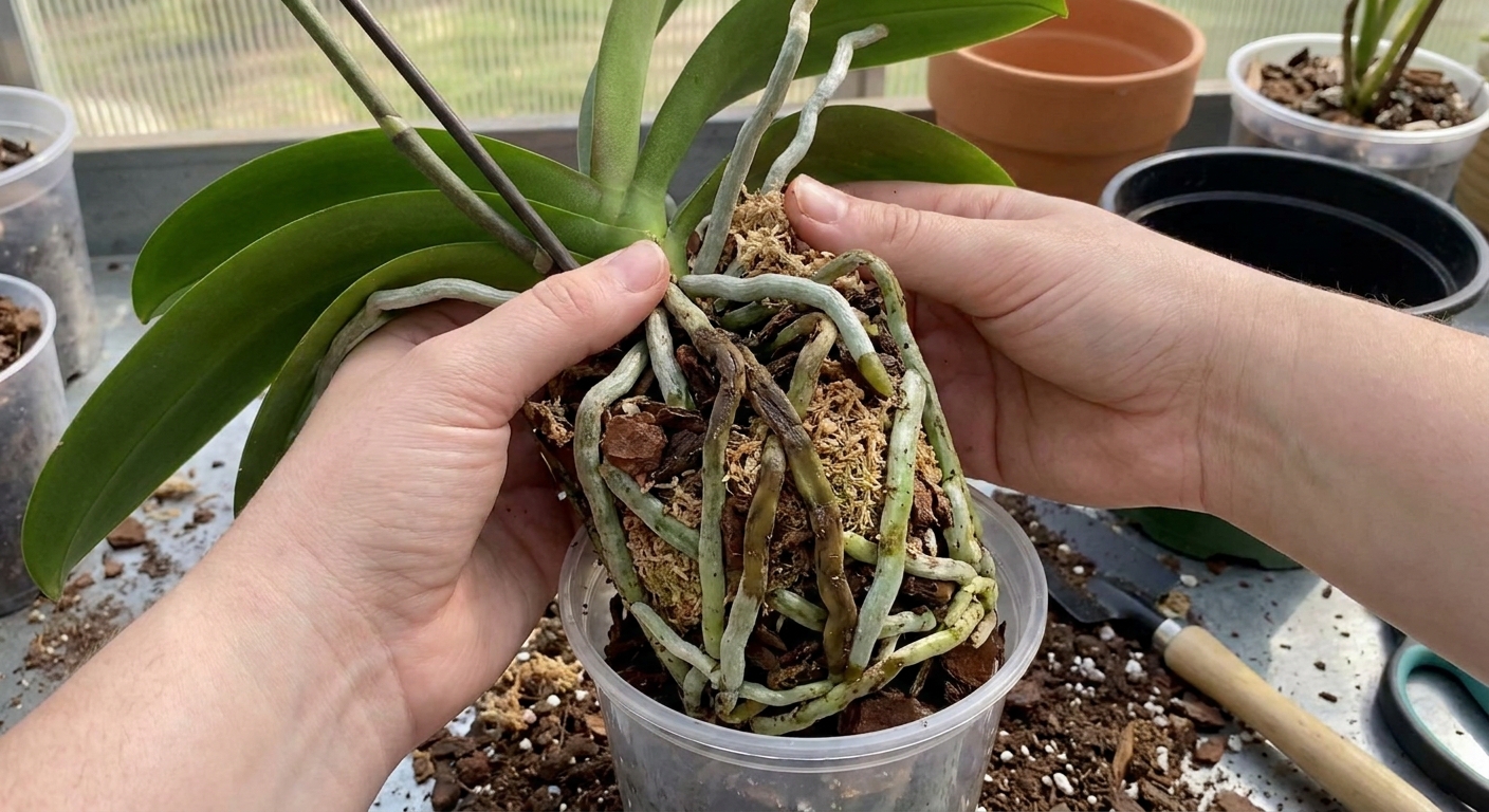 A real photograph of a phalaenopsis orchid being lifted from a clear nursery pot, with a mix of healthy firm green roots and a few dark mushy roots visible