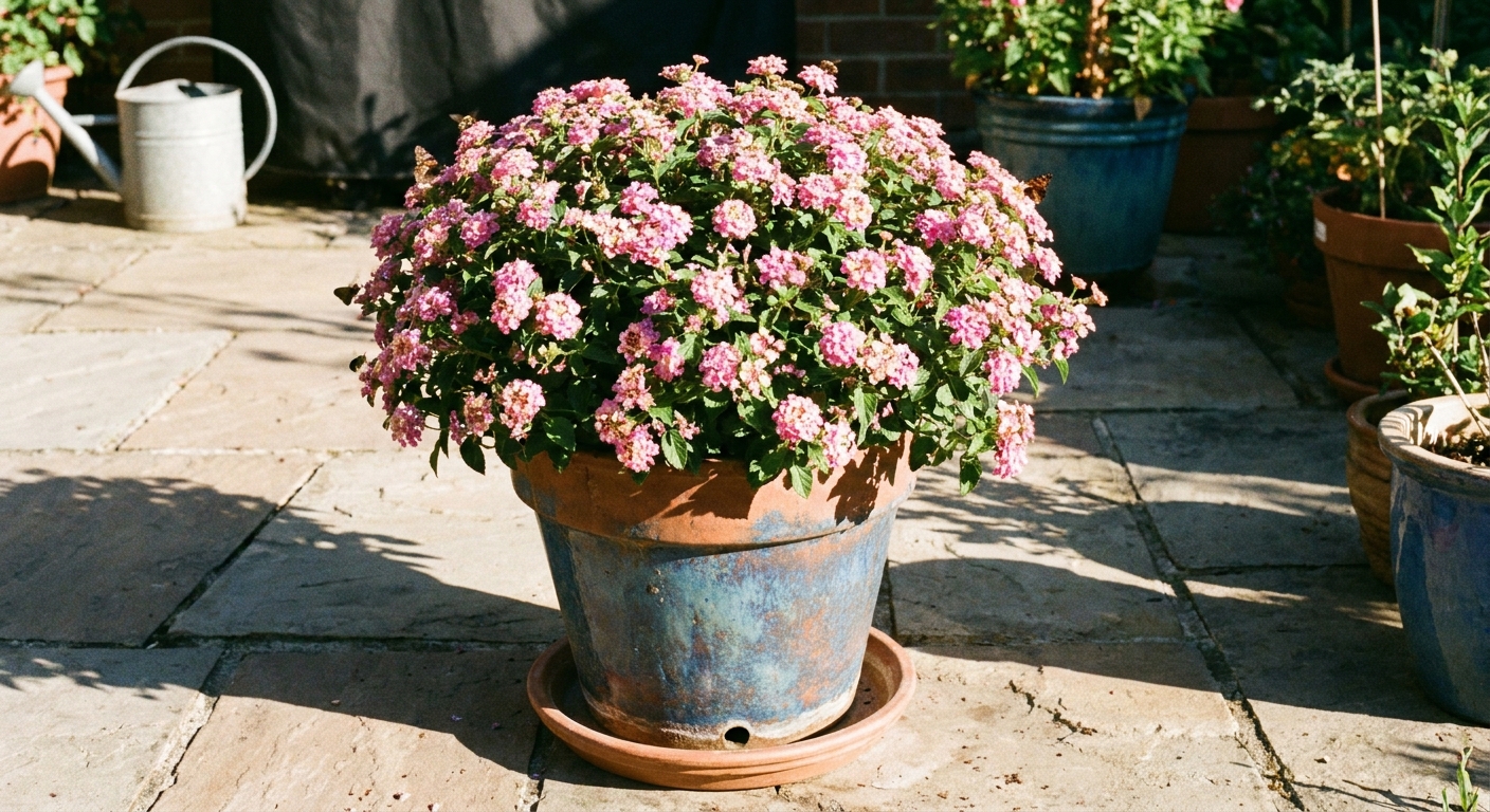 A real photograph of a pink flowering lantana growing in a large ceramic patio pot in bright sunlight, with clean drainage and a tidy, rounded plant shape