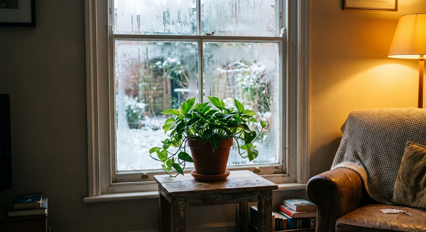 A real photograph of a pothos on a small table set back from a window, showing how the plant is positioned away from cold glass in a cozy indoor room
