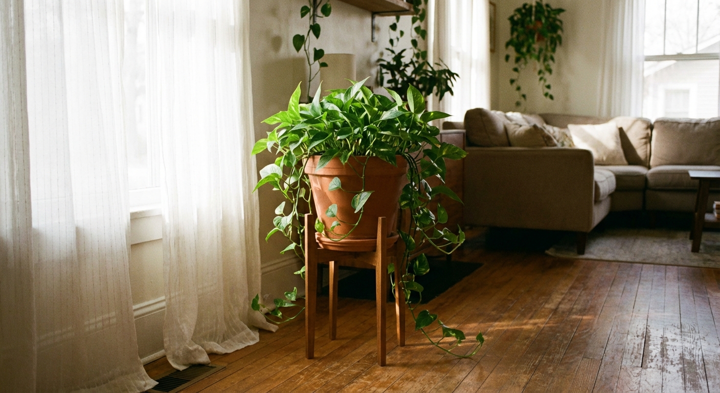A real photograph of a pothos plant placed a few feet back from a bright window with a sheer curtain, soft indirect sunlight filling the room