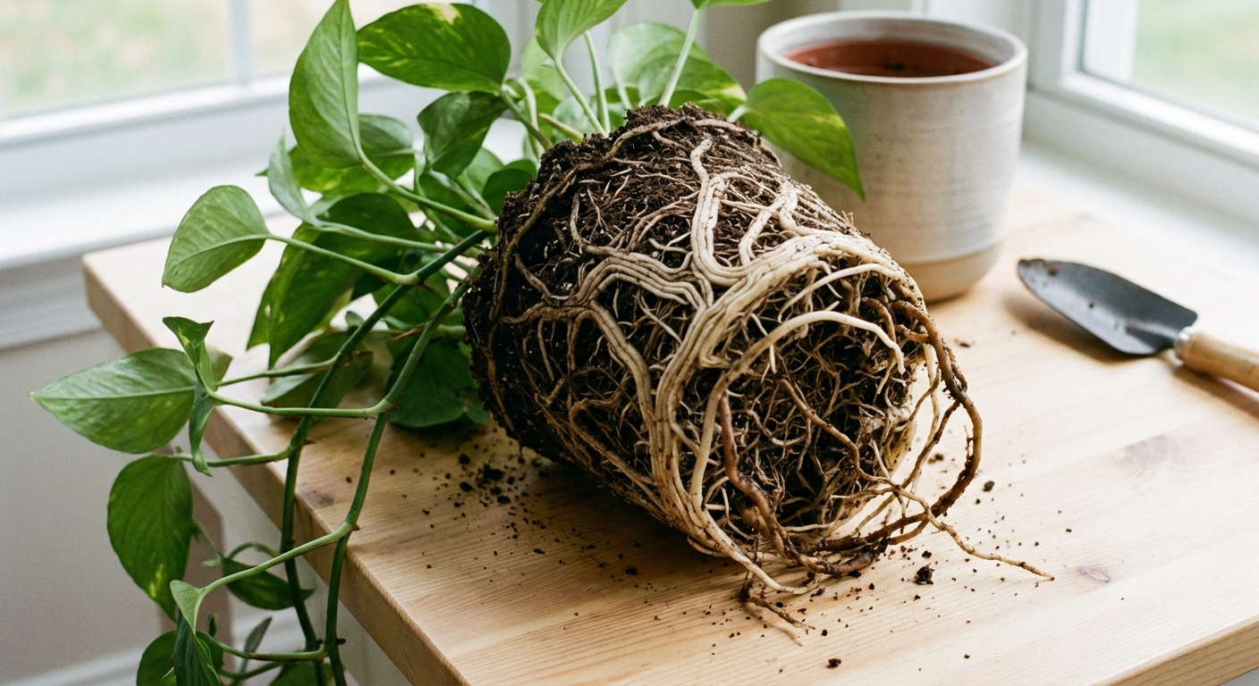 A real photograph of a pothos plant removed from its pot with roots exposed, showing a mix of healthy pale roots and darker rotting roots, shot on a clean tabletop in natural light
