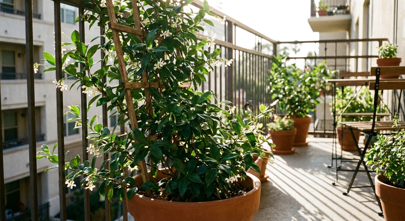 A real photograph of a potted Confederate jasmine vine climbing a small trellis on a sunny apartment balcony with glossy green leaves