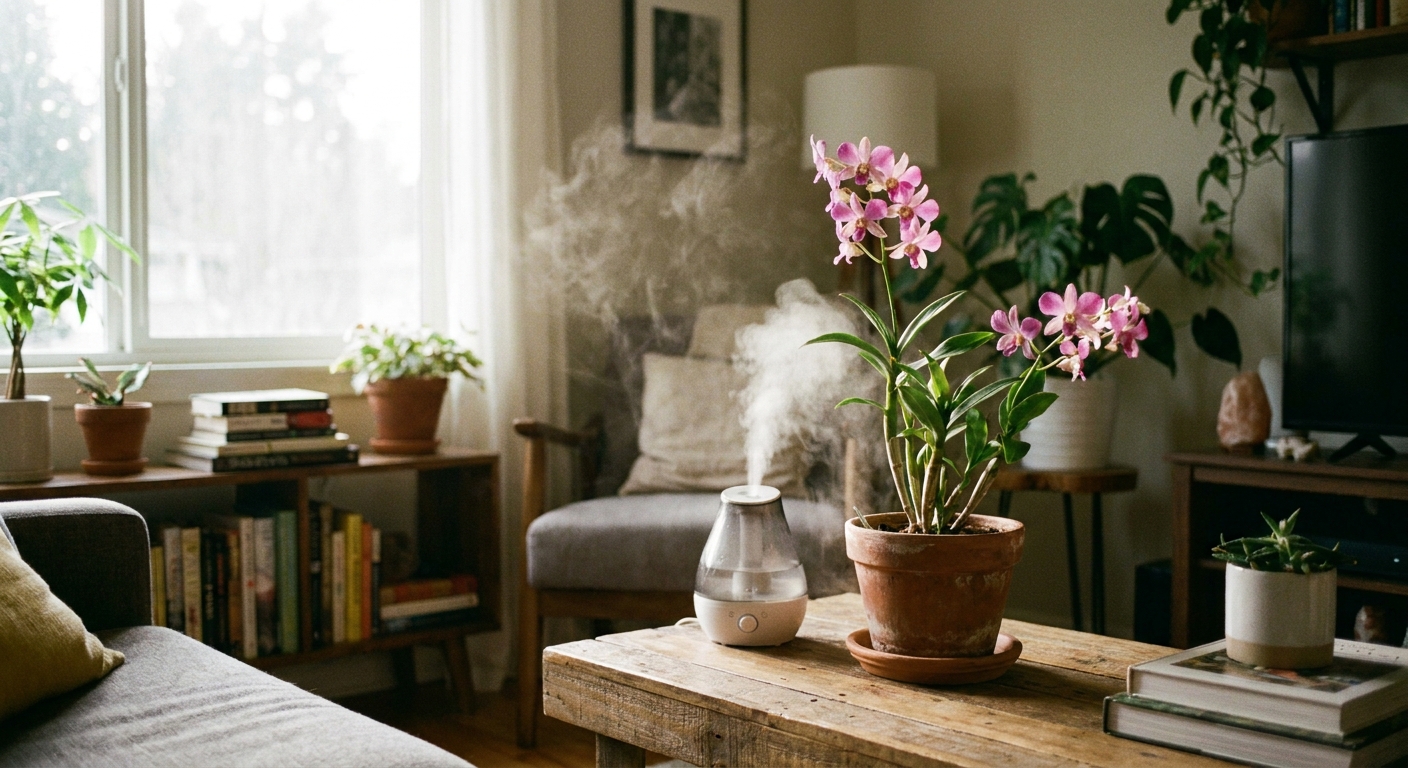 A real photograph of a potted Dendrobium orchid on a table near a small humidifier in a bright room, with soft natural light