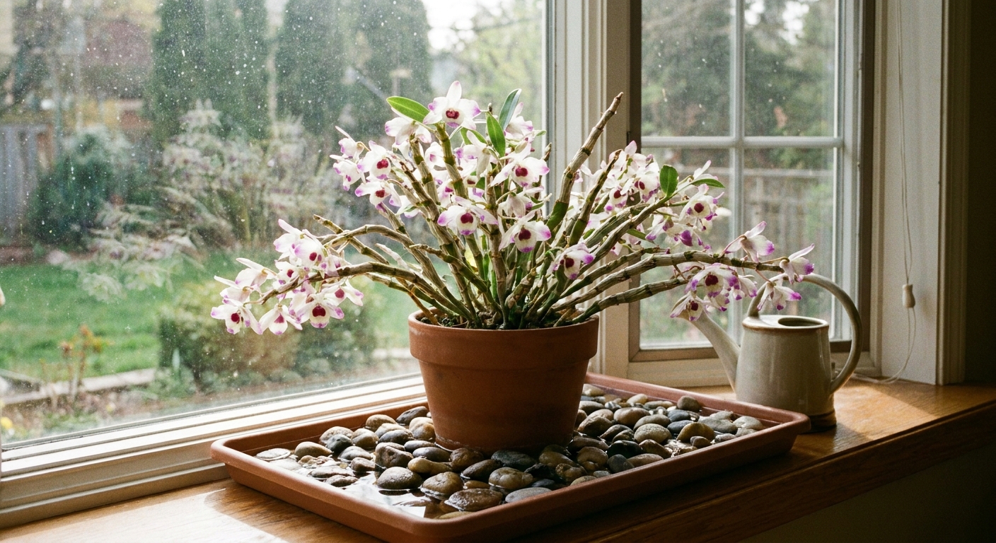 A real photograph of a potted Dendrobium orchid sitting on a pebble humidity tray near a bright window, with gentle natural light and visible stones in the tray