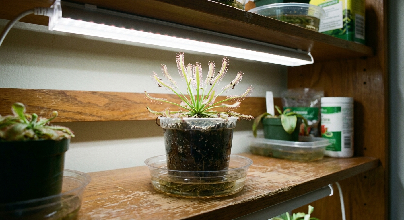 A real photograph of a potted Drosera capensis sundew under a bright white grow light on a shelf, with a clear plastic water tray and moist peat-perlite mix visible in the pot