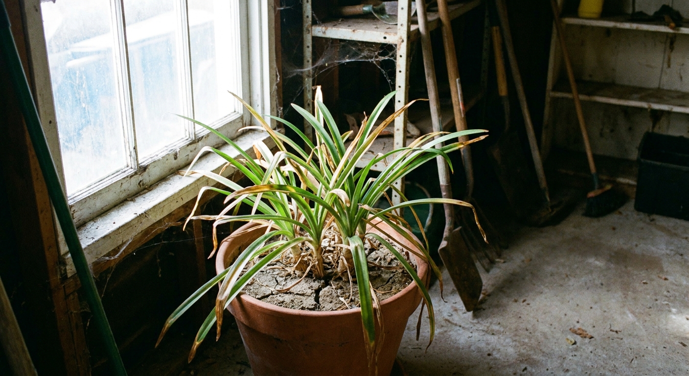 A real photograph of a potted agapanthus overwintering in a bright unheated garage near a window, with tidy strap leaves and dry potting mix