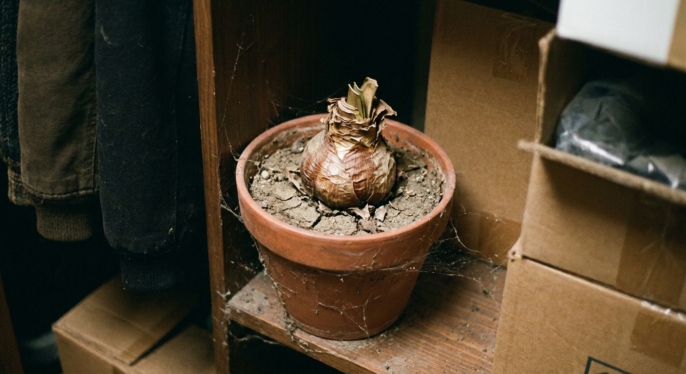 A real photograph of a potted amaryllis bulb in dormancy placed in a cool dark closet, with dry soil and trimmed leaves