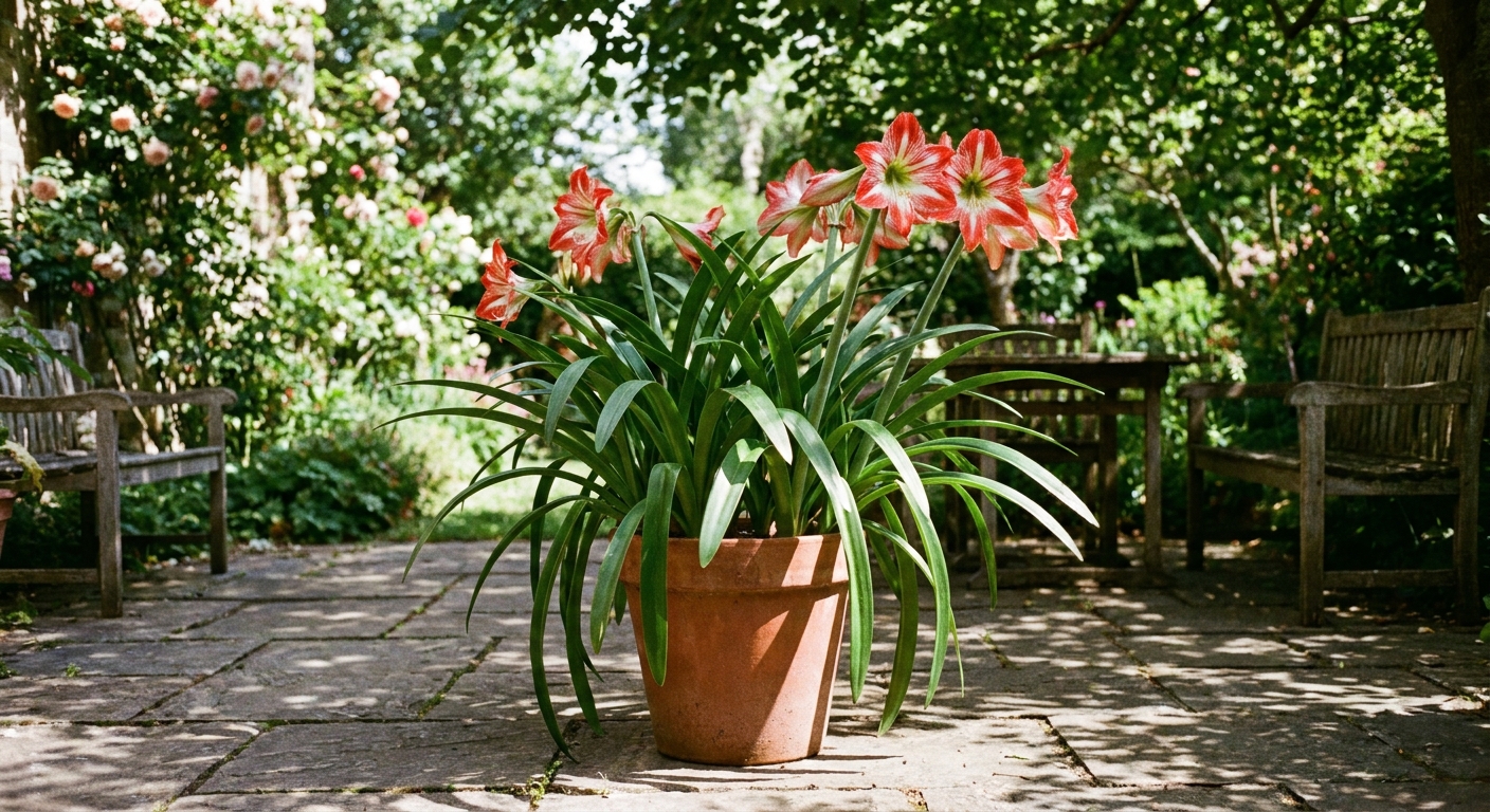 A real photograph of a potted amaryllis with long green leaves sitting on a patio in dappled summer sunlight, garden background softly blurred