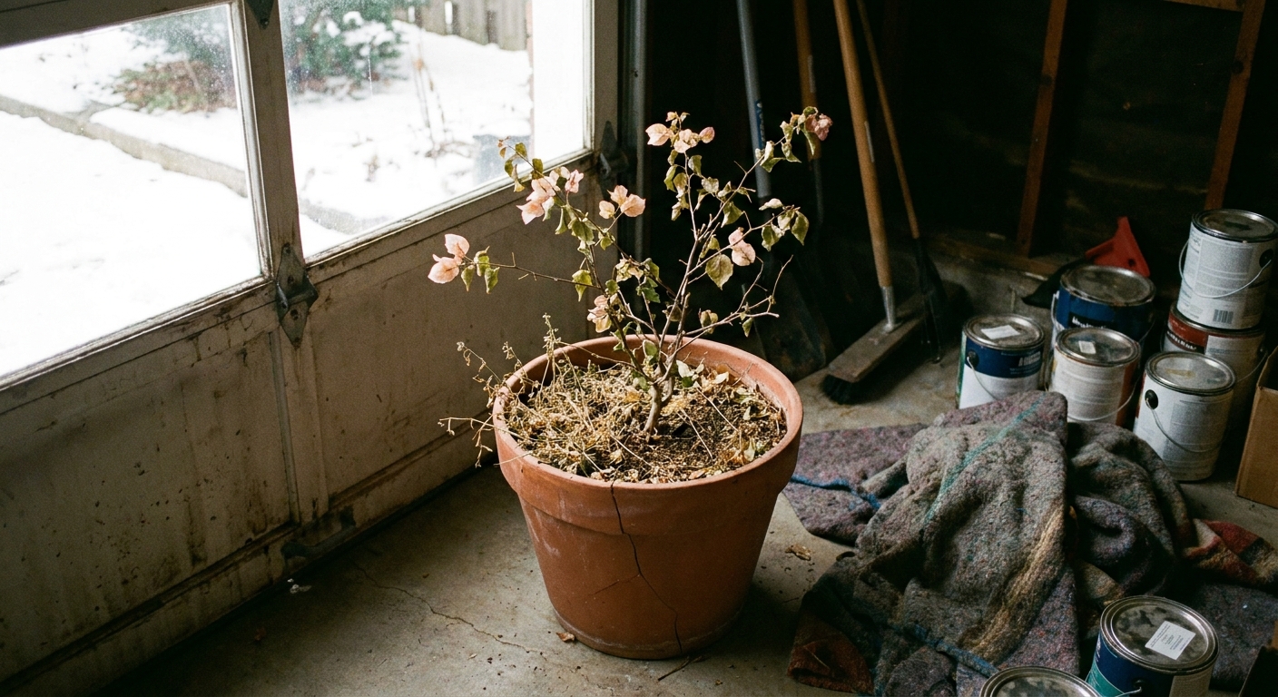 A real photograph of a potted bougainvillea placed near a garage window for winter storage, with sparse leaves and a dry potting surface
