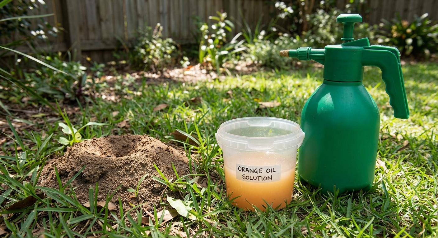 A real photograph of a pump garden sprayer on grass next to a small bucket of diluted orange oil solution near an ant mound, natural backyard setting