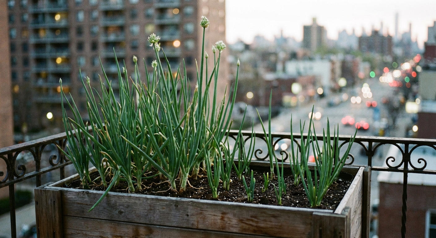 A real photograph of a rectangular balcony planter filled with potting soil and densely planted green onions at different heights, with a railing and city background softly blurred