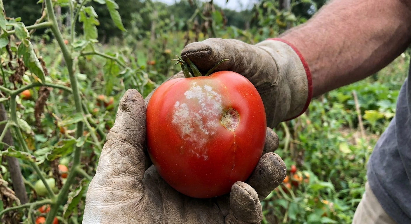 A real photograph of a ripe tomato held in a gardener's hand, showing a pale, cloudy patch and slight sunken area on the skin consistent with stink bug feeding damage, outdoors in a garden