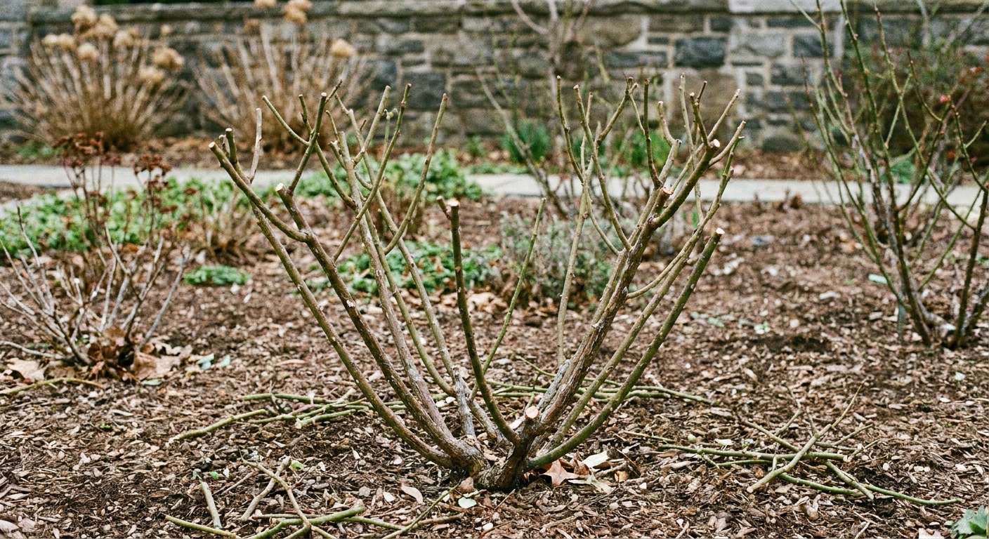 A real photograph of a rose bush in a garden bed after careful pruning, showing an open center and spaced canes for improved airflow