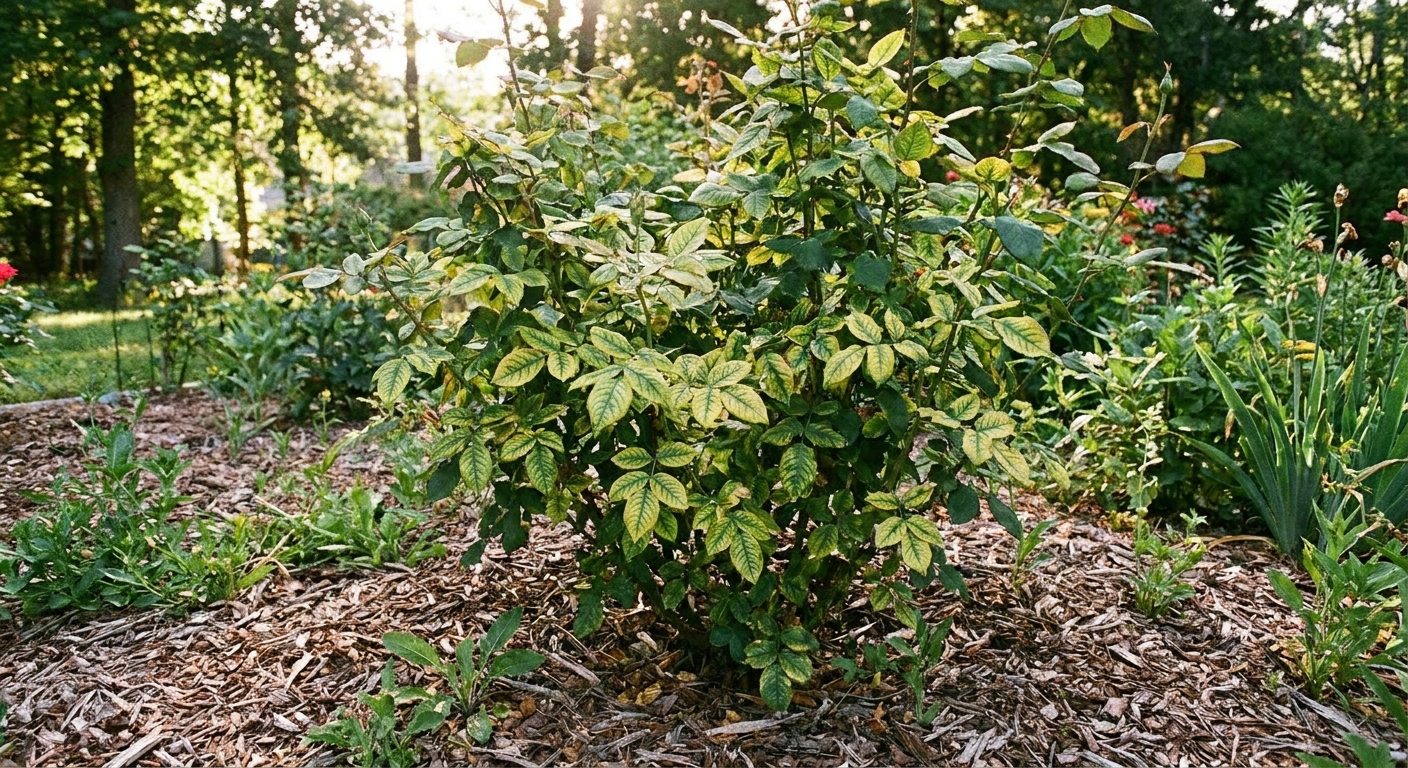 A real photograph of a rose bush with older leaves showing yellowing between green veins in a mulched garden border