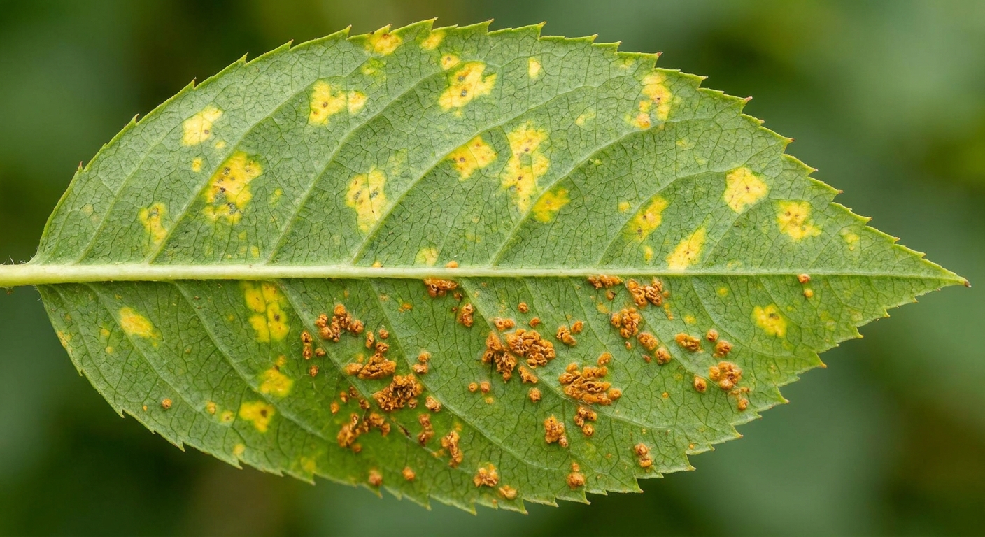 A real photograph of a rose leaf showing yellow speckling on the upper surface while the underside reveals orange rust pustules